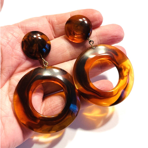 Vintage Y2K Mod Hoop Pierced Earrings Acrylic Faux Tortoise Shell Caramel Swirl - Picture 4 of 7